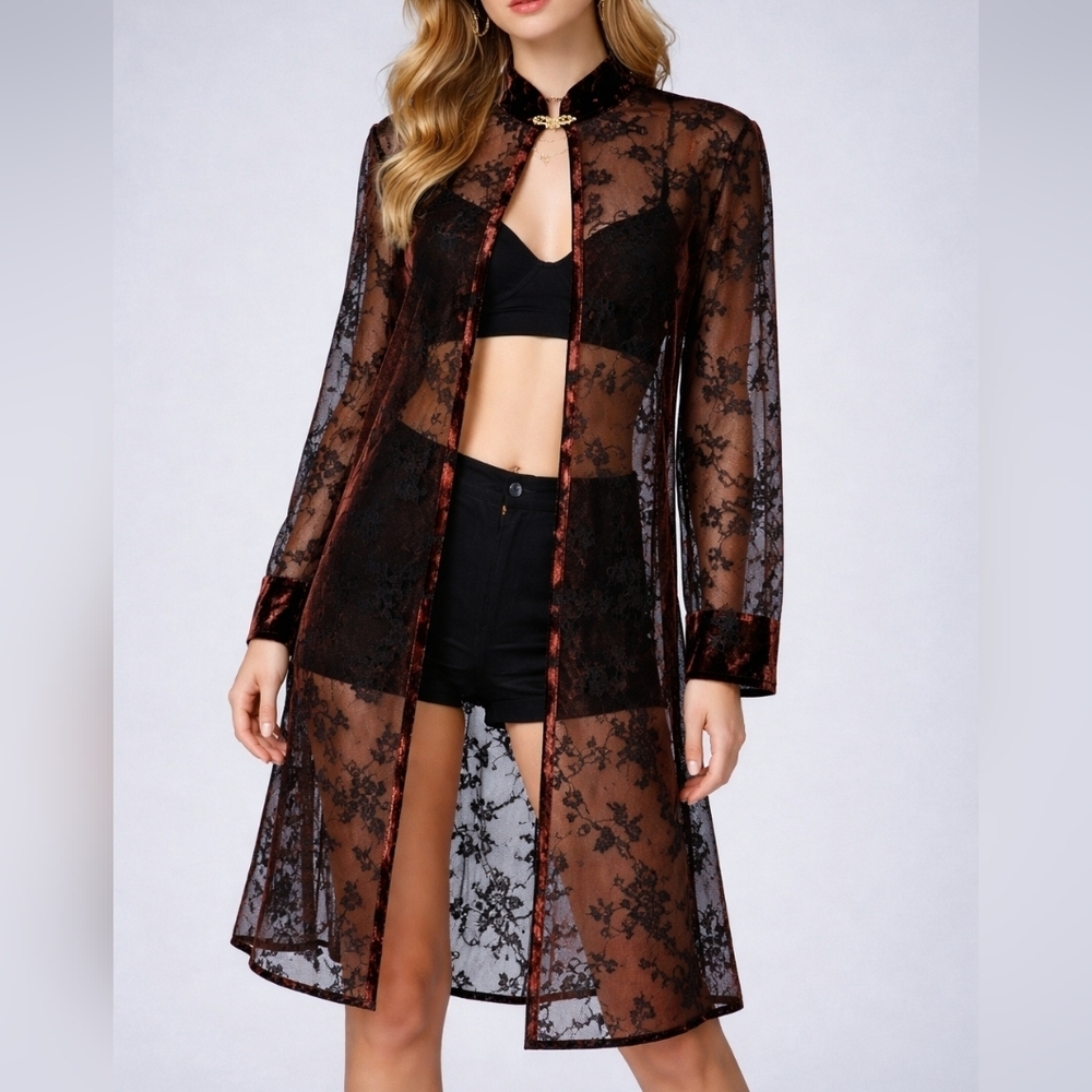 Vintage 1980s Floral Sheer Metallic Velvet Red High Neck Witchy Kimono